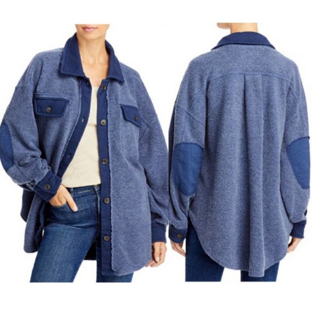 NWT Free People Blue Ruby Fleece Button Up Elbow Patch Shirt Jacket Large